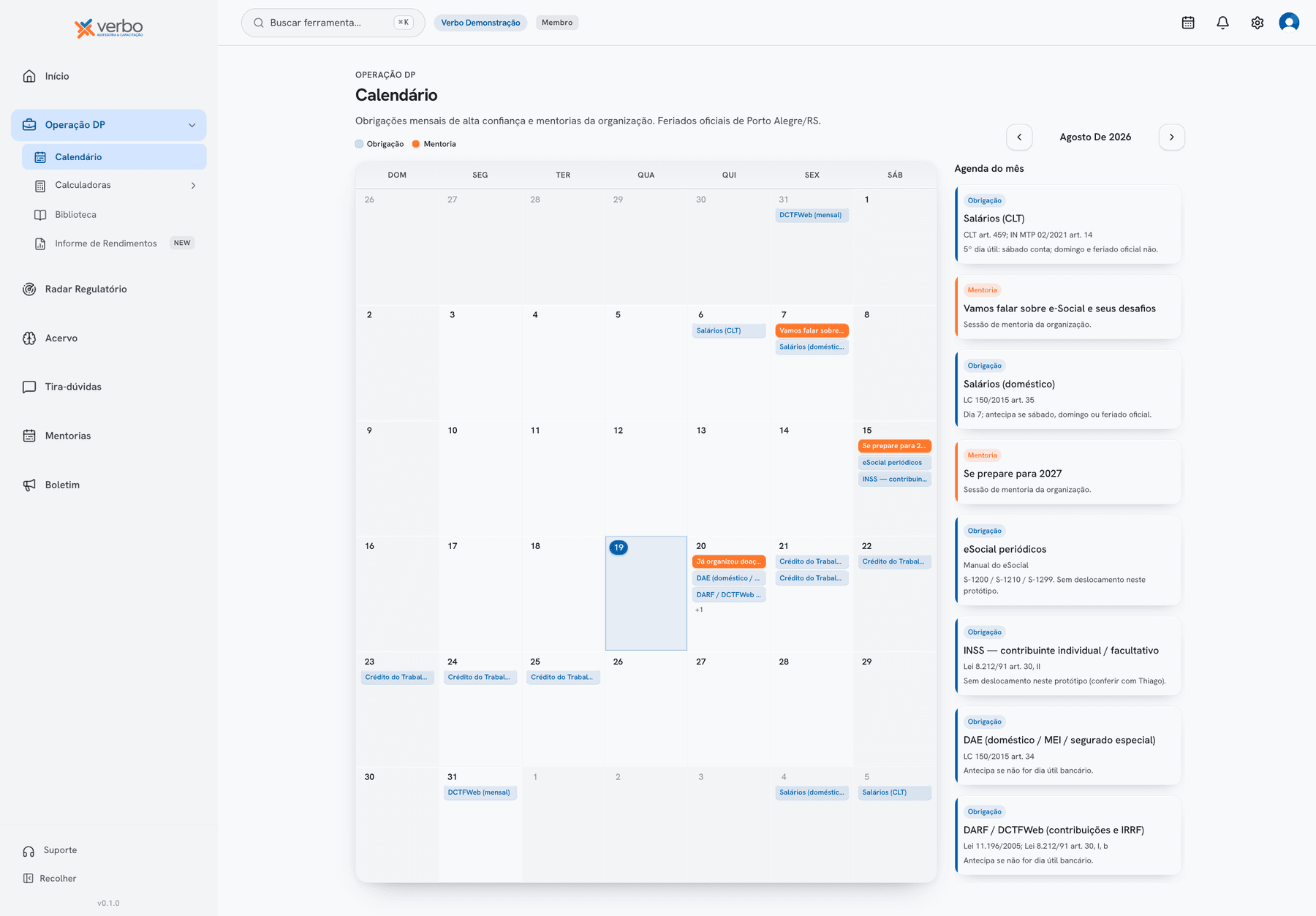 Calendário de obrigações do Verbo App com agenda do mês e fundamentos legais